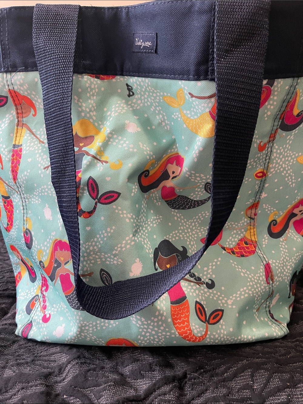 thirty-one Aqua Mermaid Print Tote with Navy Trim
